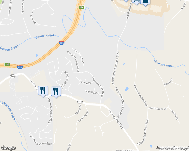 map of restaurants, bars, coffee shops, grocery stores, and more near 3696 Cherokee Overlook Drive in Canton