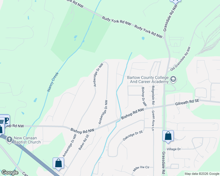 map of restaurants, bars, coffee shops, grocery stores, and more near 94 Amberidge Dr NW in Cartersville