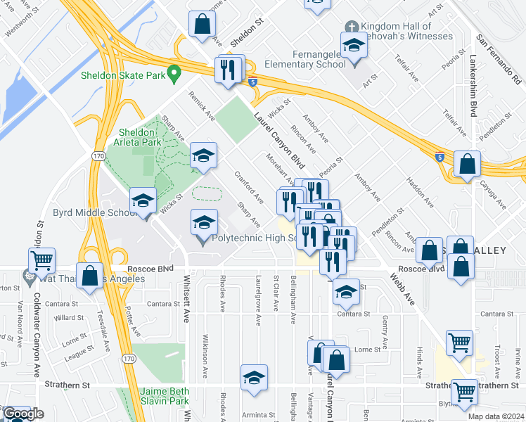 map of restaurants, bars, coffee shops, grocery stores, and more near 8505 Cranford Avenue in Los Angeles