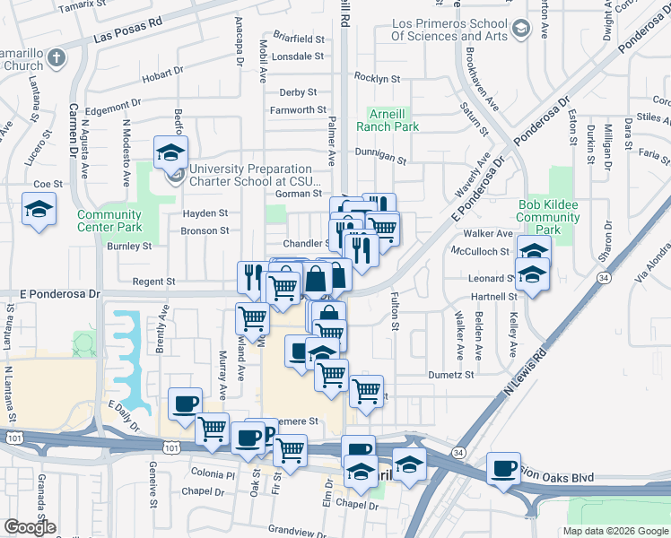 map of restaurants, bars, coffee shops, grocery stores, and more near 679 Arneill Road in Camarillo
