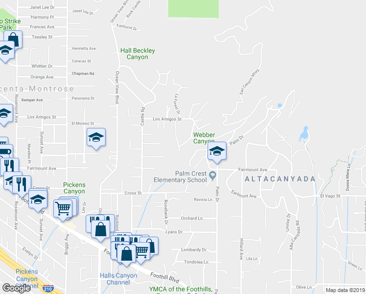 map of restaurants, bars, coffee shops, grocery stores, and more near 2026 Hall Canyon Drive in La Cañada Flintridge