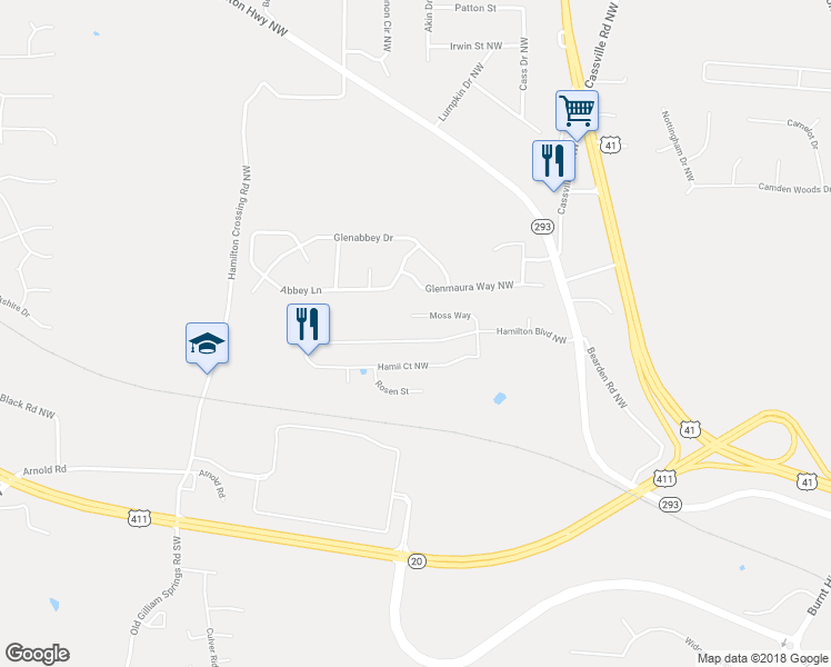 map of restaurants, bars, coffee shops, grocery stores, and more near 46 Hamilton Boulevard Northwest in Cartersville