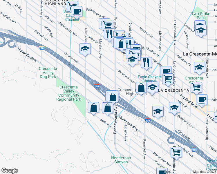 map of restaurants, bars, coffee shops, grocery stores, and more near 4201 Pennsylvania Avenue in Glendale