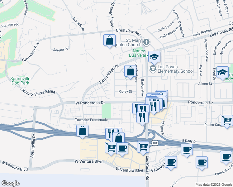 map of restaurants, bars, coffee shops, grocery stores, and more near 170 Ripley Street in Camarillo