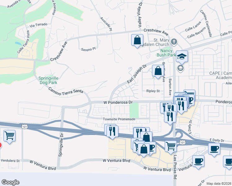 map of restaurants, bars, coffee shops, grocery stores, and more near 283 Camino Toluca in Camarillo