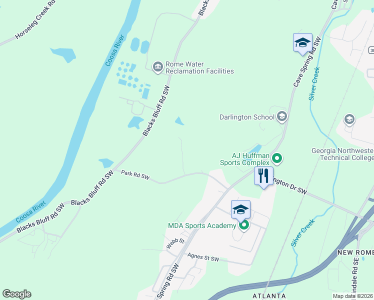 map of restaurants, bars, coffee shops, grocery stores, and more near 44 Marvin Crowe Drive Southwest in Rome
