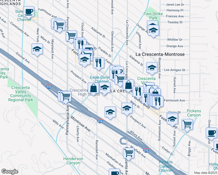 map of restaurants, bars, coffee shops, grocery stores, and more near 2904 Mary Street in La Crescenta-Montrose