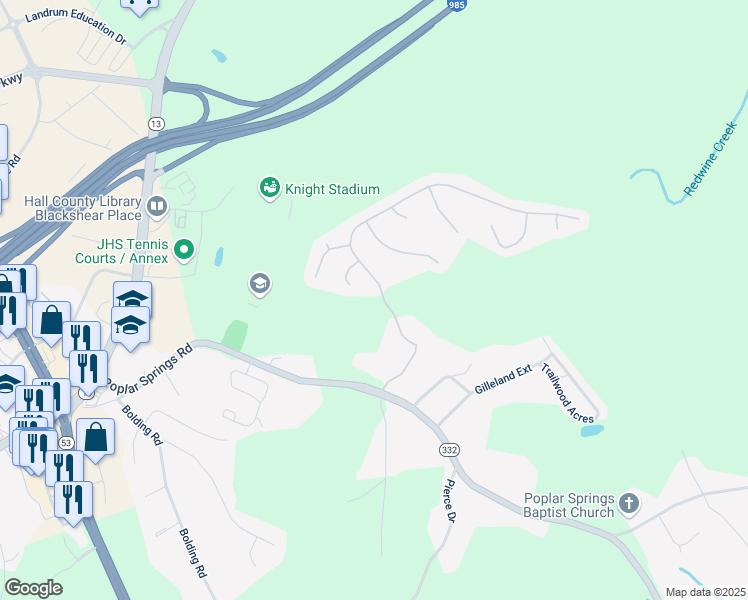 map of restaurants, bars, coffee shops, grocery stores, and more near 3529 Amberleigh Trace in Gainesville