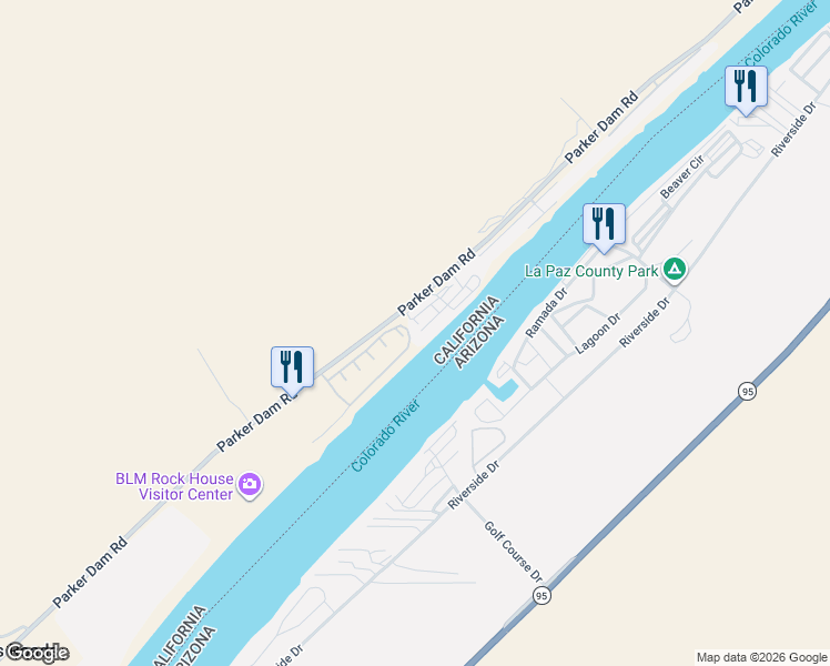 map of restaurants, bars, coffee shops, grocery stores, and more near 1451 Parker Dam Road in San Bernardino County