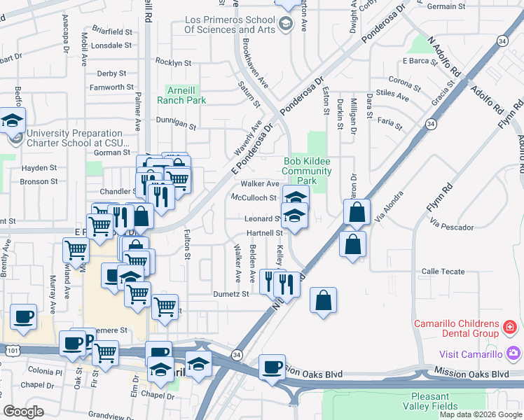 map of restaurants, bars, coffee shops, grocery stores, and more near 625 Marsh Rondo in Camarillo