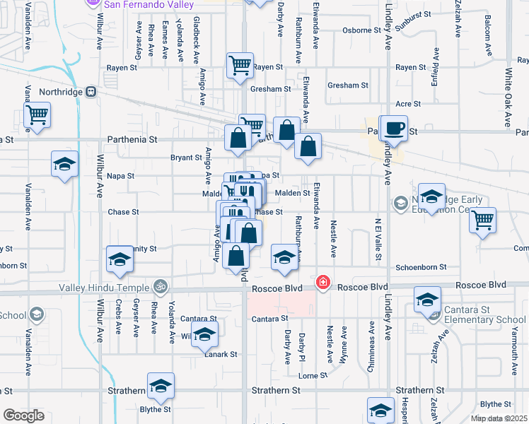 map of restaurants, bars, coffee shops, grocery stores, and more near 8440 Canby Avenue in Los Angeles
