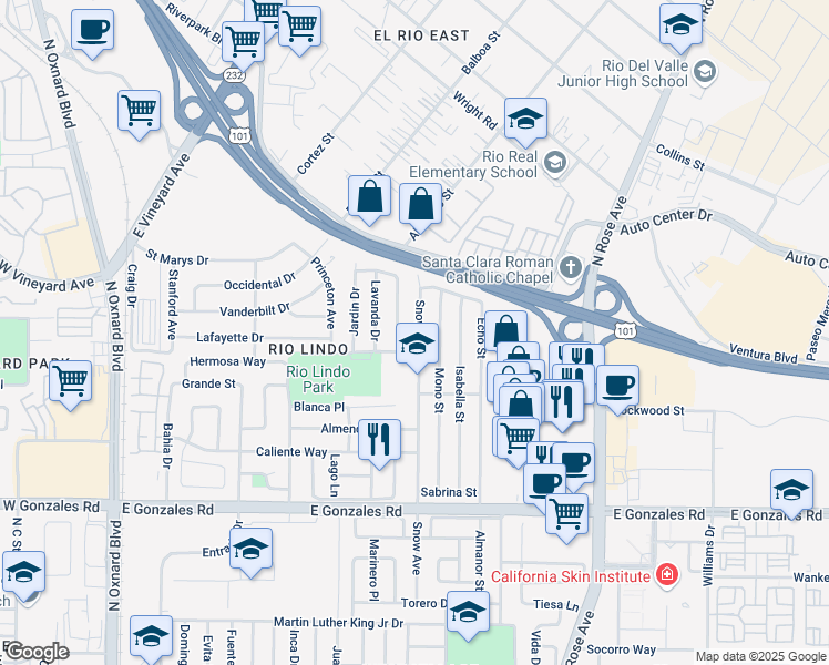 map of restaurants, bars, coffee shops, grocery stores, and more near 2200 Miramonte Drive in Oxnard