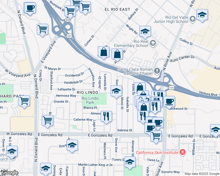 map of restaurants, bars, coffee shops, grocery stores, and more near 2200 Miramonte Drive in Oxnard