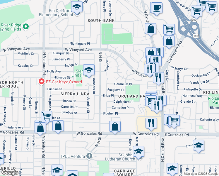 map of restaurants, bars, coffee shops, grocery stores, and more near 2131 Hyacinth Drive in Oxnard