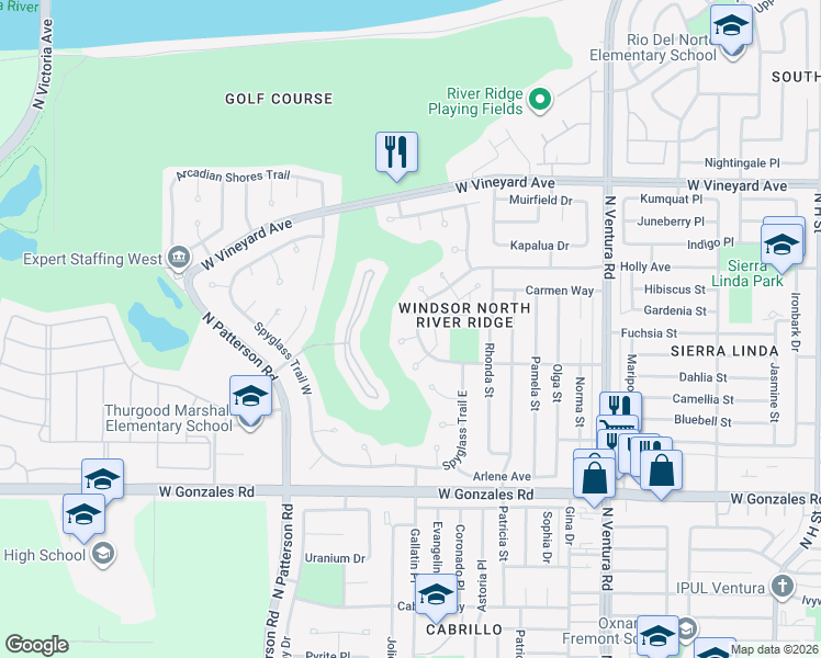 map of restaurants, bars, coffee shops, grocery stores, and more near 2200 Firestone Court in Oxnard