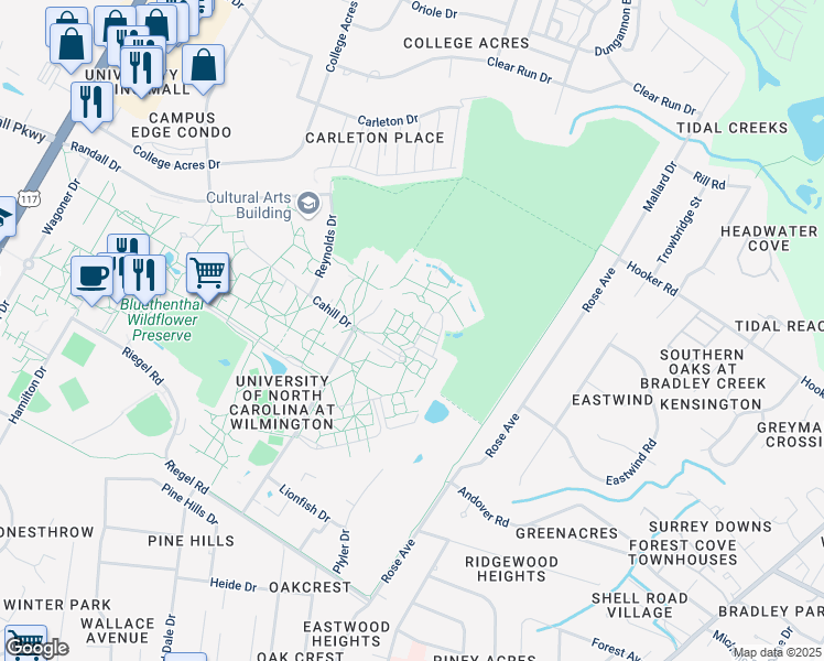 map of restaurants, bars, coffee shops, grocery stores, and more near Cahill Drive in Wilmington