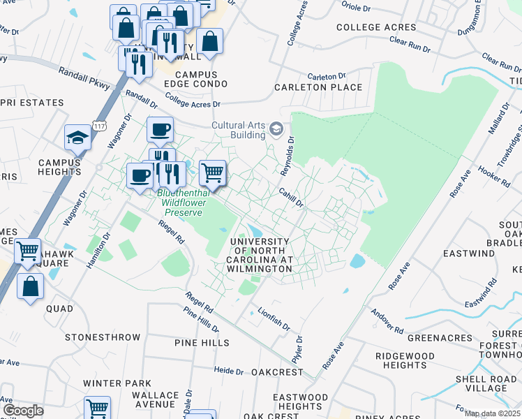 map of restaurants, bars, coffee shops, grocery stores, and more near in Wilmington