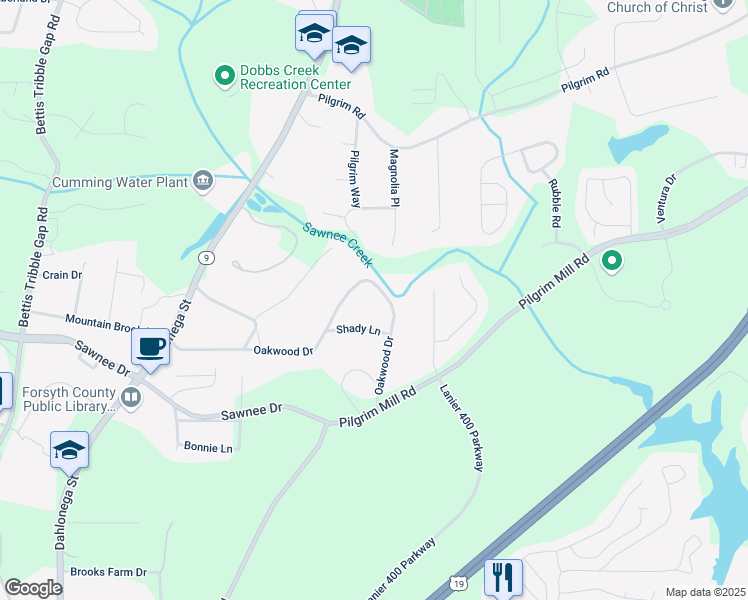 map of restaurants, bars, coffee shops, grocery stores, and more near 221 Oakwood Drive in Cumming
