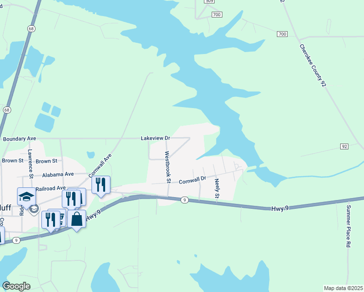map of restaurants, bars, coffee shops, grocery stores, and more near 4385 Lakewood Drive in Cedar Bluff