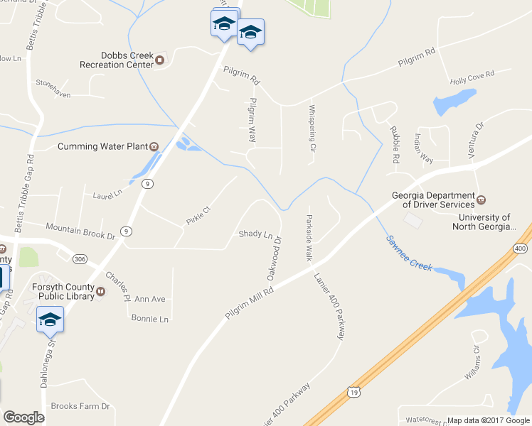 map of restaurants, bars, coffee shops, grocery stores, and more near 221 Oakwood Drive in Cumming