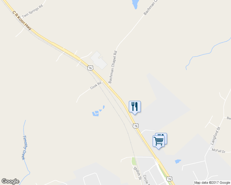 map of restaurants, bars, coffee shops, grocery stores, and more near 11601 C R Koon Highway in Prosperity