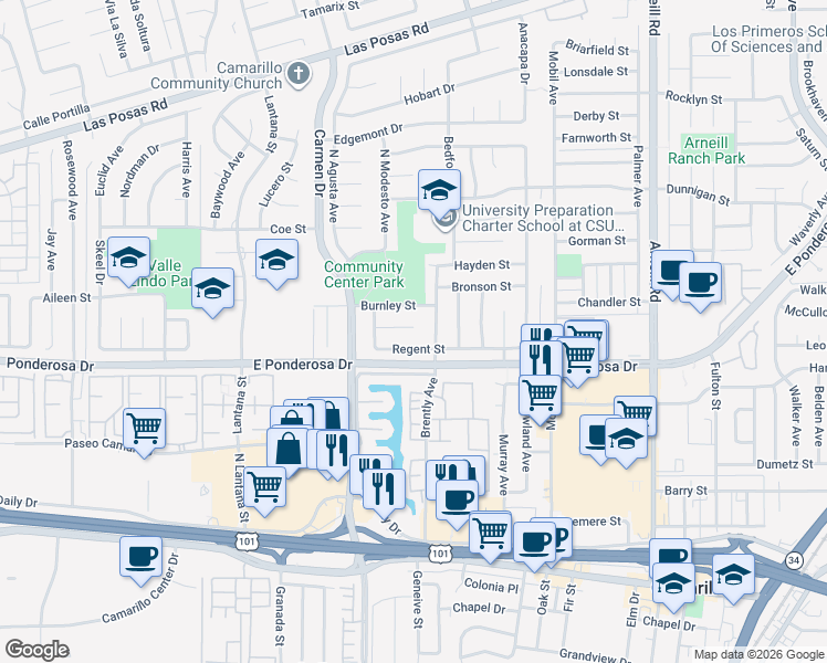 map of restaurants, bars, coffee shops, grocery stores, and more near 1682 Darnell Court in Camarillo