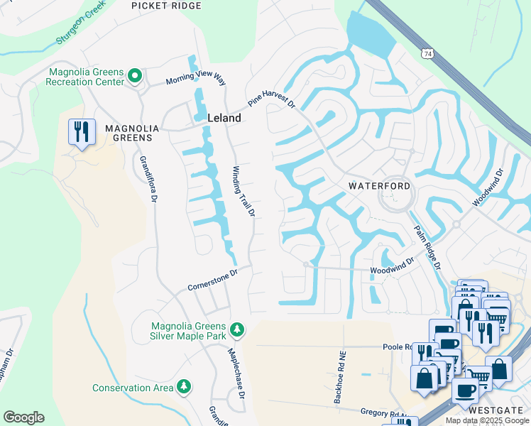 map of restaurants, bars, coffee shops, grocery stores, and more near 1005 Meadowstone Court in Leland