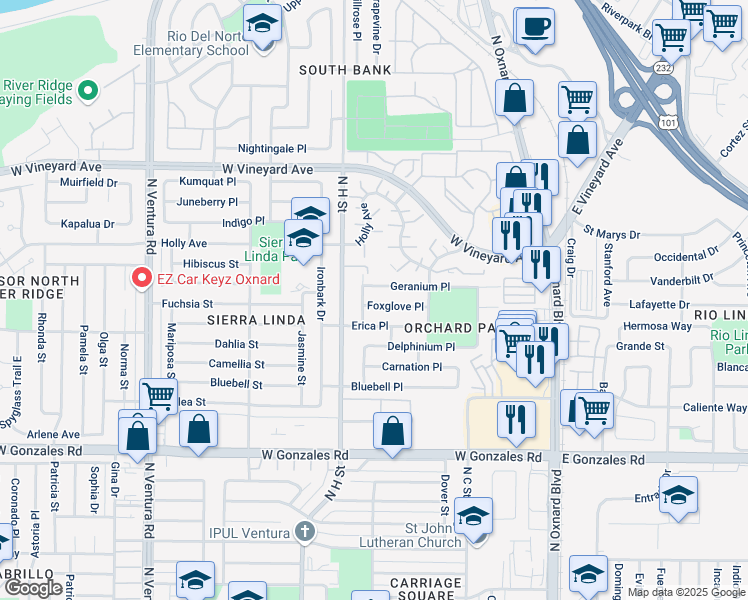 map of restaurants, bars, coffee shops, grocery stores, and more near 2131 Hyacinth Drive in Oxnard