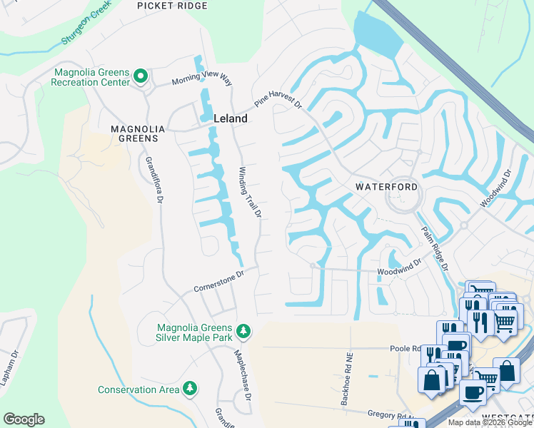 map of restaurants, bars, coffee shops, grocery stores, and more near 2019 Woodwind Dr in Leland
