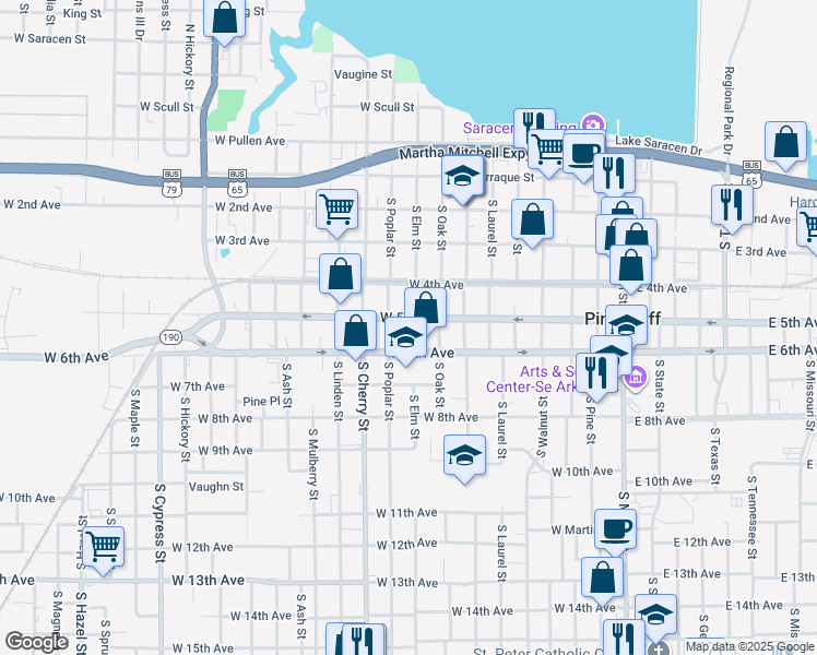 map of restaurants, bars, coffee shops, grocery stores, and more near 902 West 5th Avenue in Pine Bluff