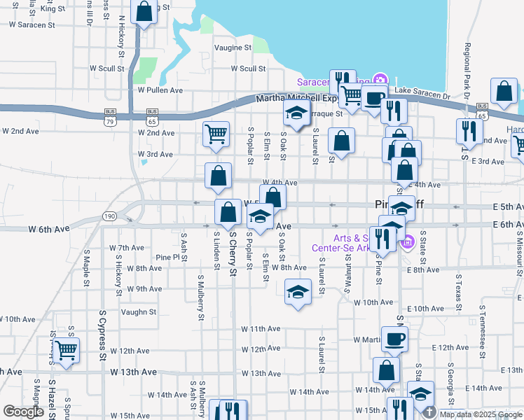 map of restaurants, bars, coffee shops, grocery stores, and more near 902 West 5th Avenue in Pine Bluff