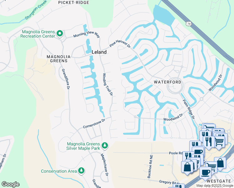 map of restaurants, bars, coffee shops, grocery stores, and more near 1005 Meadowstone Court in Leland