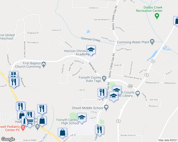 map of restaurants, bars, coffee shops, grocery stores, and more near 1650 Fairburn Drive in Cumming