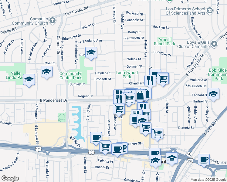 map of restaurants, bars, coffee shops, grocery stores, and more near 775 Rowland Avenue in Camarillo
