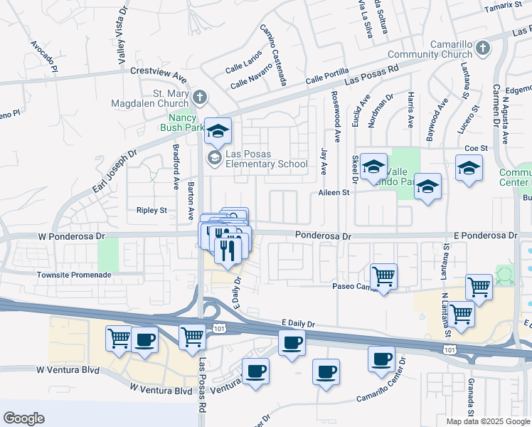 map of restaurants, bars, coffee shops, grocery stores, and more near 813 North Calle Circulo in Camarillo