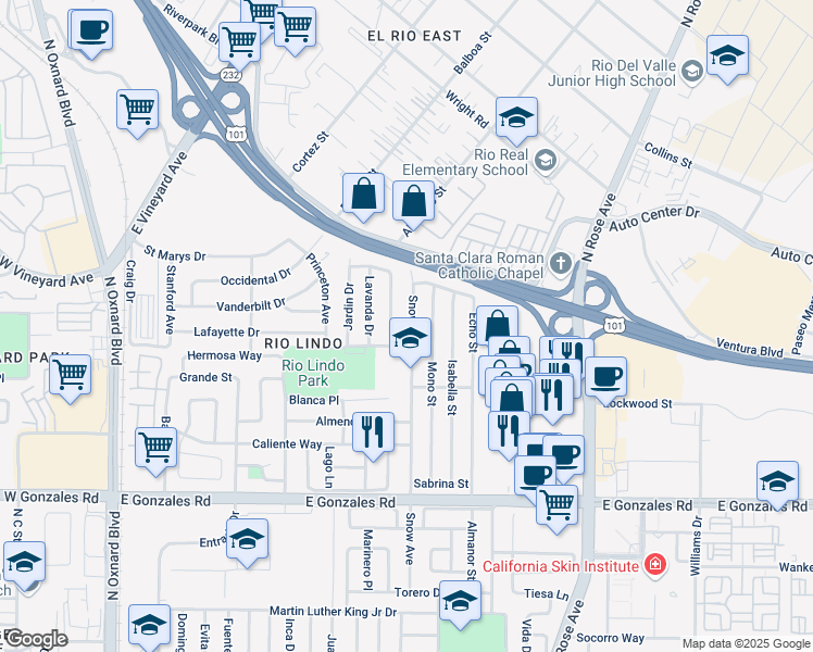 map of restaurants, bars, coffee shops, grocery stores, and more near 2200 Miramonte Drive in Oxnard