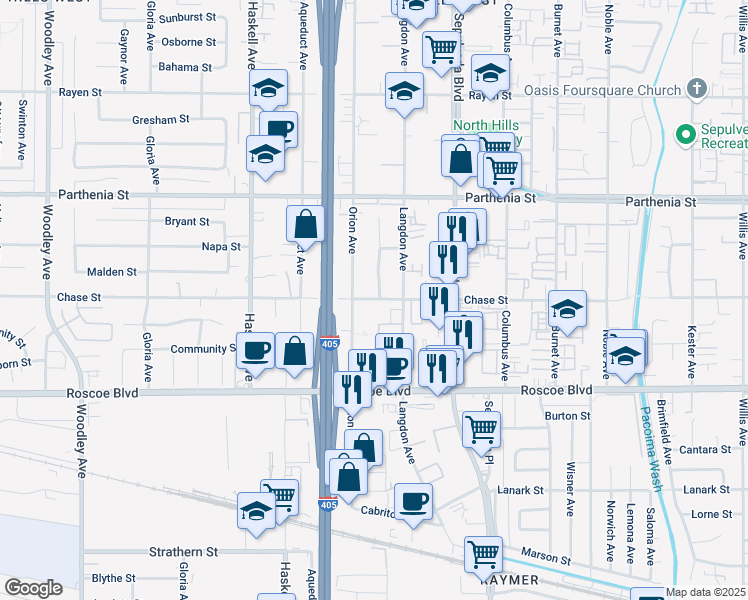map of restaurants, bars, coffee shops, grocery stores, and more near 15546 Chase Street in Los Angeles