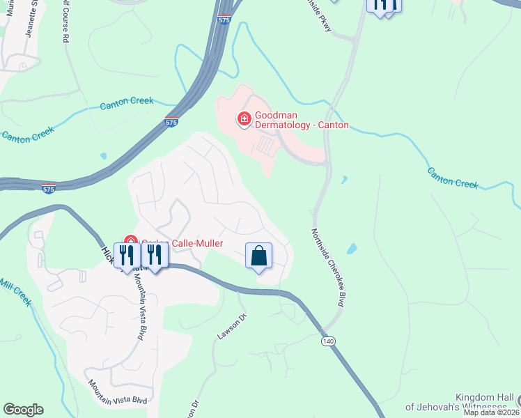 map of restaurants, bars, coffee shops, grocery stores, and more near 3700 Cherokee Overlook Drive in Canton