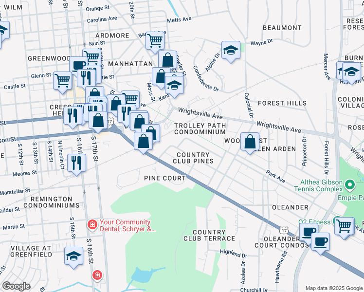 map of restaurants, bars, coffee shops, grocery stores, and more near 2201 Mimosa Place in Wilmington