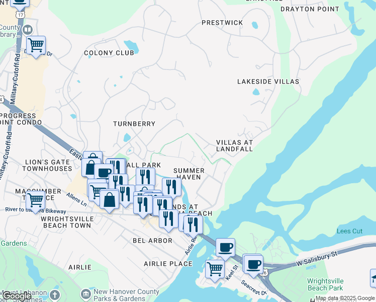 map of restaurants, bars, coffee shops, grocery stores, and more near 222 Beech Street in Wilmington