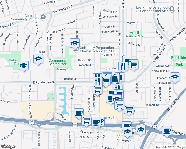 map of restaurants, bars, coffee shops, grocery stores, and more near 775 Rowland Avenue in Camarillo