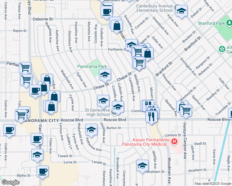 map of restaurants, bars, coffee shops, grocery stores, and more near 8440 Costello Avenue in Los Angeles
