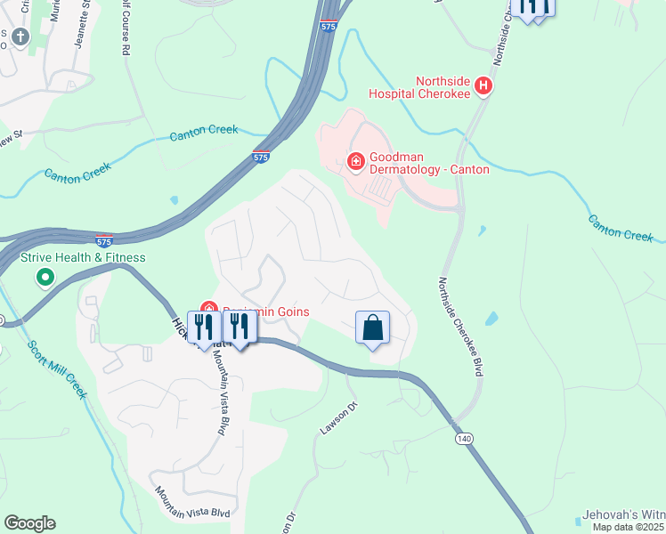 map of restaurants, bars, coffee shops, grocery stores, and more near 3731 Cherokee Overlook Drive in Canton