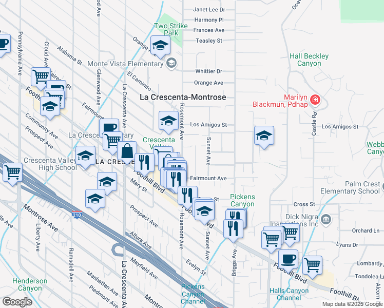 map of restaurants, bars, coffee shops, grocery stores, and more near 4647 Marellen Place in La Crescenta-Montrose