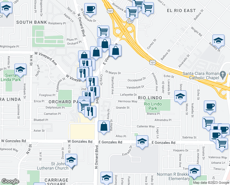 map of restaurants, bars, coffee shops, grocery stores, and more near 209 Lafayette Drive in Oxnard