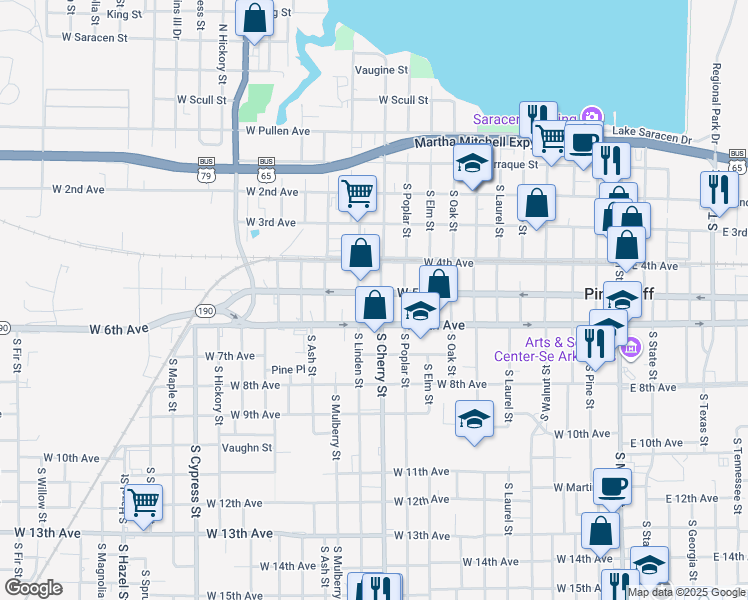 map of restaurants, bars, coffee shops, grocery stores, and more near 1104 West 5th Avenue in Pine Bluff
