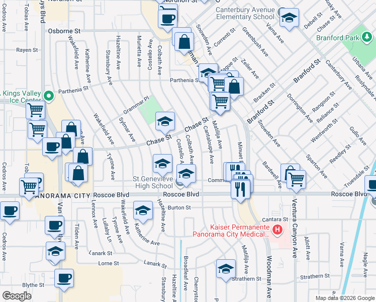 map of restaurants, bars, coffee shops, grocery stores, and more near 8443 Colbath Avenue in Los Angeles