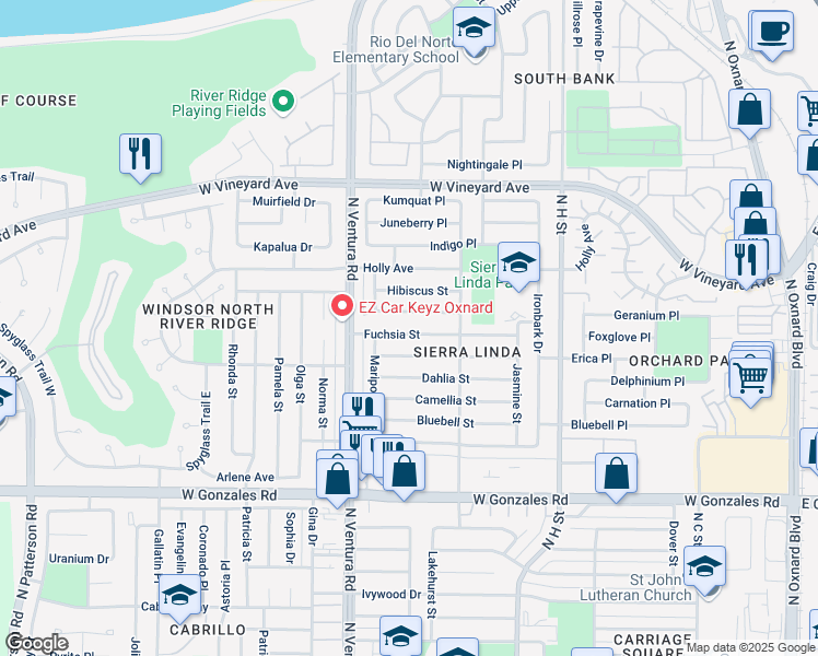 map of restaurants, bars, coffee shops, grocery stores, and more near 1311 Fuchsia Street in Oxnard