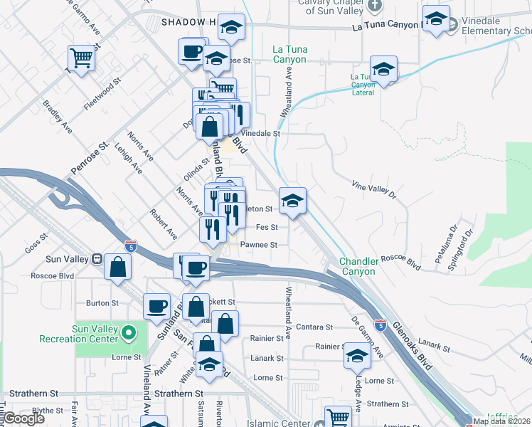 map of restaurants, bars, coffee shops, grocery stores, and more near 10642 Nettleton Street in Los Angeles
