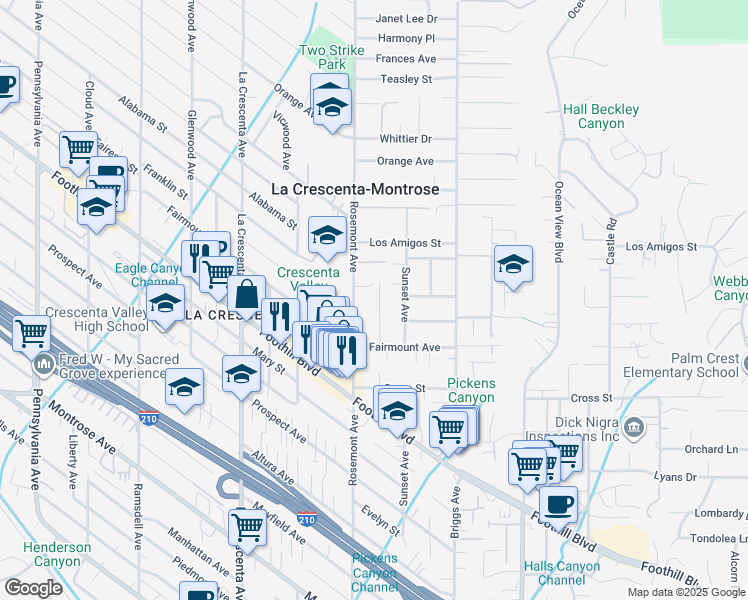 map of restaurants, bars, coffee shops, grocery stores, and more near 4647 Marellen Place in La Crescenta-Montrose